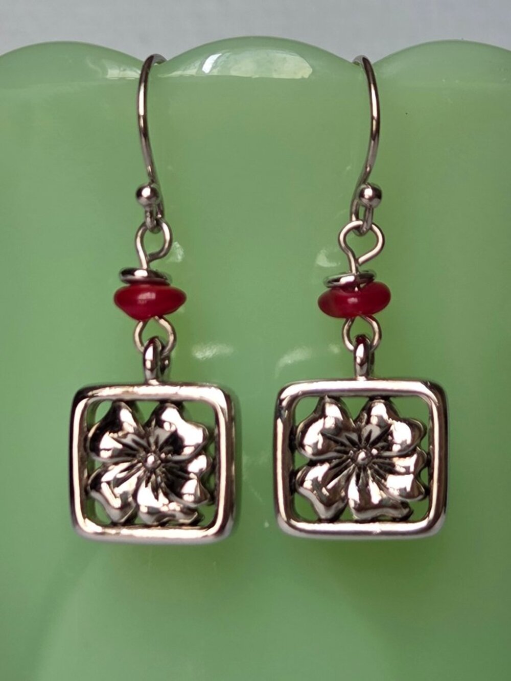 Silver Flower & Red Bead Earrings